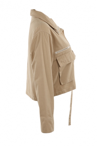 Womens Leisure Stand Collar Long Sleeve Flap Pocket Push Buckle Tied Khaki Short Cargo Jacket