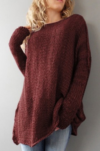 Womens New Stylish Long Sleeve Knitted Solid Color Tunic Pullover Sweater with Seam Detail