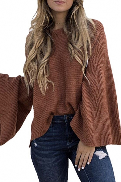 Womens New Trendy Plain Caramel Flared Long Sleeve Loose Fit Knit Pullover Sweater