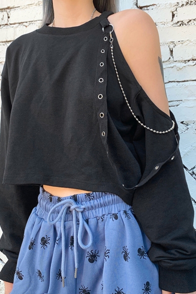 Womens Popular Black Cutout Long Sleeve Ribbon Embellished Loose Fit Crop Pullover Sweatshirt
