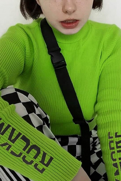 Womens Popular Letter ROCK MORE Printed Long Sleeve Turtle Neck Slim Fit Green Short Pullover Sweater