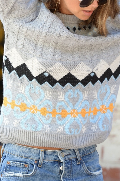 Womens Regular Stylish Diamond Pattern Long Sleeve Cable Knit Grey Fair Isle Sweater