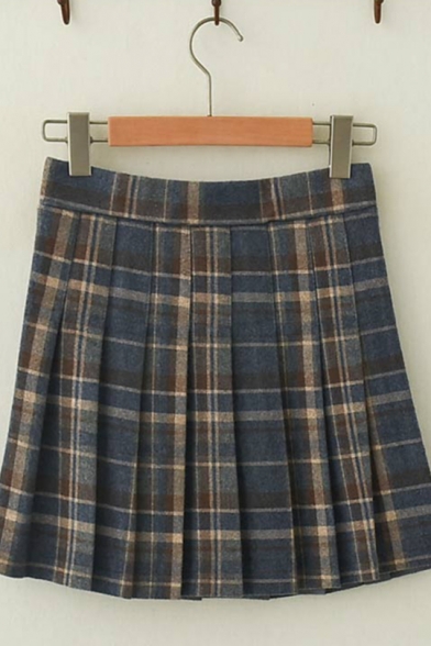 Womens Retro Plaid Pattern High Waist Daily Wear Mini Pleated Skirt