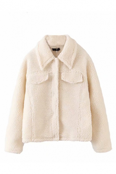 Womens Retro Warm Long Sleeve Single Breasted Cream Plain Sherpa Short Coat with Pocket