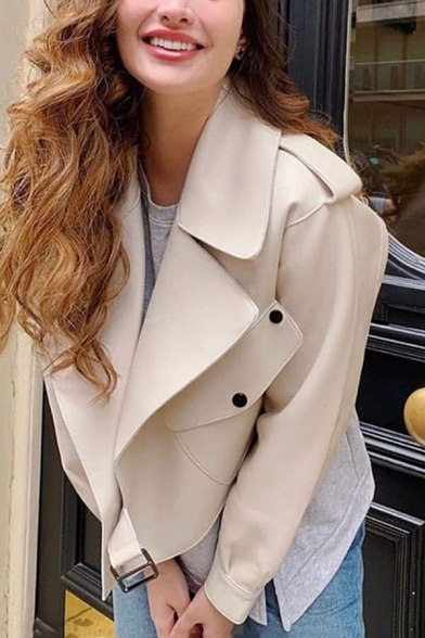 Womens Simple Plain White Notched Lapel Collar Long Sleeve Tied PU Leather Short Jacket