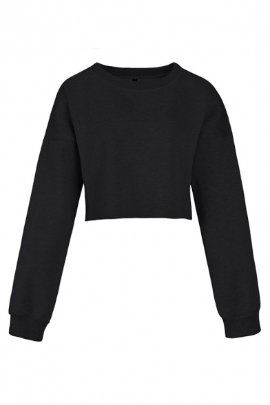 Womens Solid Color Classic Long Sleeve Crew Neck Loose Fit Cropped Pullover Sweatshirt