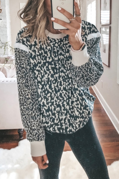 Womens Street Style Black and White Leopard Printed Long Sleeve Contrast Trim Regular Fit Casual Sweatshirt
