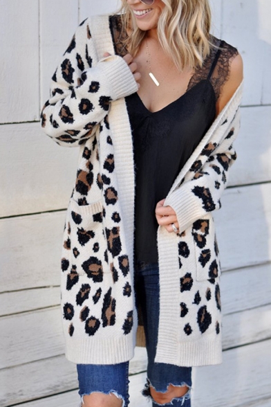 Womens Long Sleeve Leopard Print Open Front Jacket Blouse Top Poncho Cardigan 