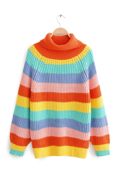 Womens Stylish Rainbow Striped Turtleneck Long Sleeve Loose Fit Chunky Knit Pullover Sweater