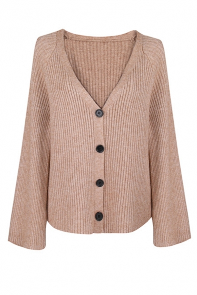 Womens Stylish V-Neck Long Sleeve Button Front Loose Fit Ribbed Knit Solid Cardigan Coat