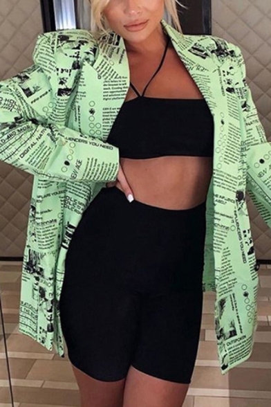 

Womens Vintage Green Newspaper Printed Long Sleeve Notched Lapel Oversized Longline Blazer Coat, LM566580