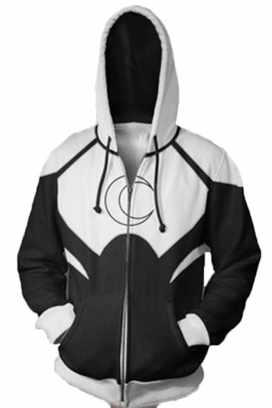 3D Moon Pattern Long Sleeve Zip Up Casual Drawstring Hoodie with Pocket