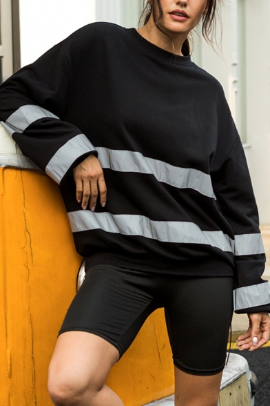 Classic Womens Reflective Stripe Splicing Crew Neck Long Sleeve Black Loose Pullover Sweatshirt
