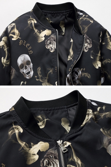 Cool Allover Skull and Smog Print Long Sleeve Stand Collar Slim Fit Zipper Casual Jacket