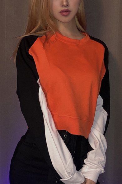 Fall Stylish Color Block Long Sleeve Round Neck Orange Crop Pullover Sweatshirt