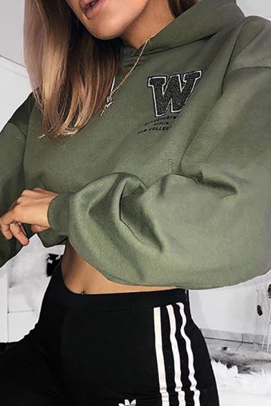 Fall Stylish Letter W Chest Long Sleeve Army Green Oversized Crop Hoodie