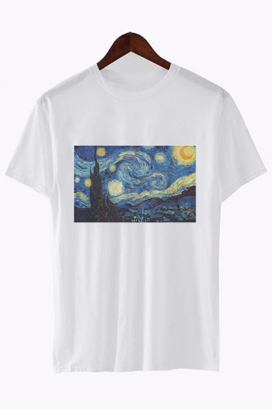 Fashion Abstract Galaxy Oil Painting Round Neck Short Sleeve White T-Shirt