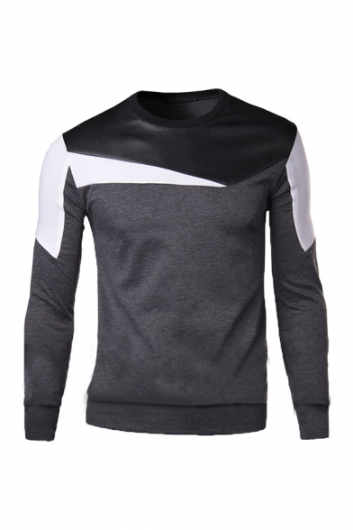 Fashionable Color Block Geometric PU Panel Round Neck Long Sleeve Casual Fitted Pullover Sweatshirt