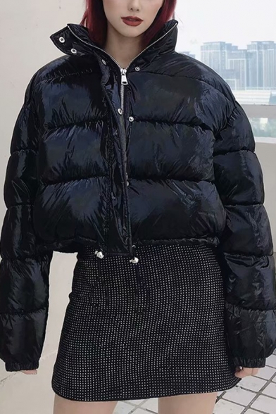 Girls Chic Plain Stand Collar Long Sleeve Drawstring Hem Zipper Cropped Down Jacket Coat