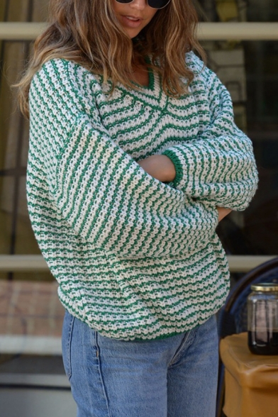Girls Popular Lantern Long Sleeve V-Neck Colorblock Panel Knitted Pullover Sweater