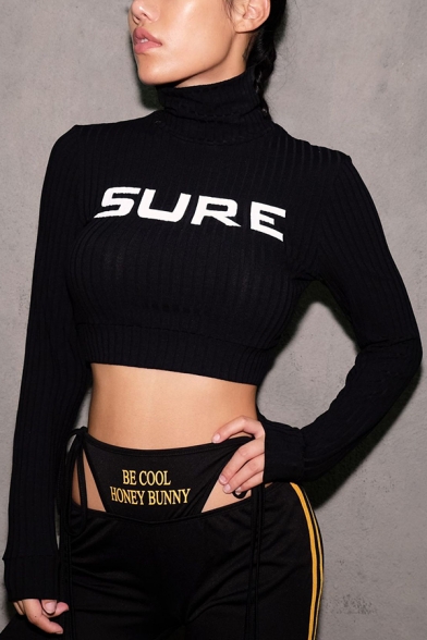 Girls Simple SURE Letter Printed High Collar Long Sleeve Slim Cropped Knit Pullover Sweater Top