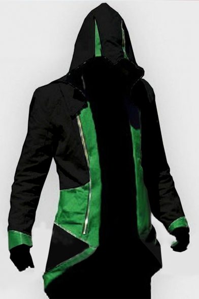 Halloween Mens Colorblock Double Zipper Swallow-Tailed Longline Cosplay Costume Outwear Hooded Jacket Coat