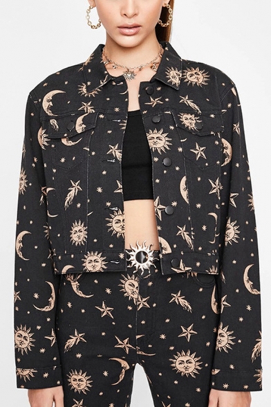 Hipster Hip Hop Black Moon Sun Star Print Long  Sleeve Single Breasted Crop Denim Jacket