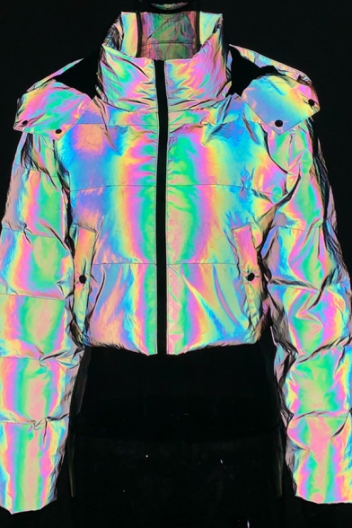 Hot Popular Laser Rainbow Long Sleeve Zip Up Demon Horn Hooded Crop Puffer Jacket Coat