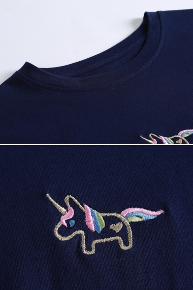 Ladies Casual Unicorn Embroidery Printed Long Sleeve Round Neck Slim Fit T-Shirt Top