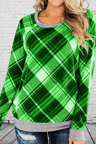 Ladies New Fashionable Checked Pattern Contrast Trim Long Sleeve Casual Pullover Sweatshirt