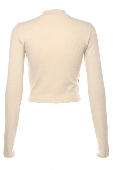 Ladies Sexy Solid Color Mock Neck Long Sleeve Ribbed Knit Cropped Pullover Sweater Top