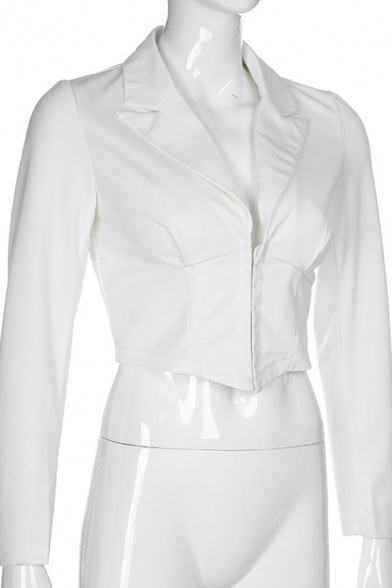 Ladies Sexy White Plain Notched Lapel Collar Long Sleeve Zip Up Asymmetric Blazer Cropped Coat