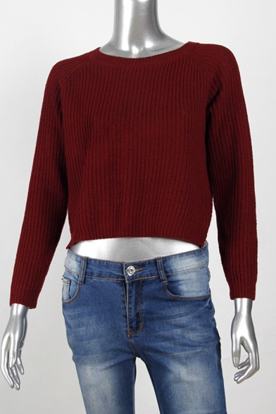 Ladies Solid Color Wine Red Long Sleeve Chunky Knitted Crop Pullover Sweater