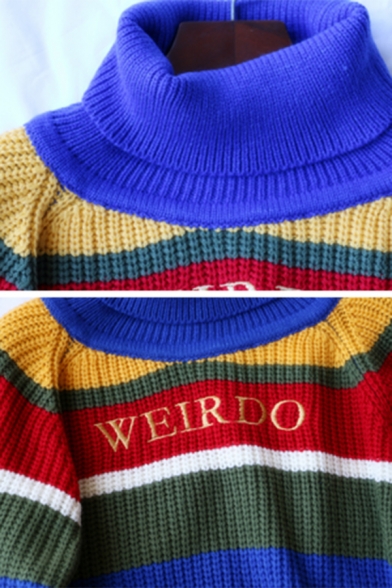 Ladies Warm WEIRDO Letter Embroidery Colorful Stripes Turtleneck Long Sleeve Loose Chunky Sweater