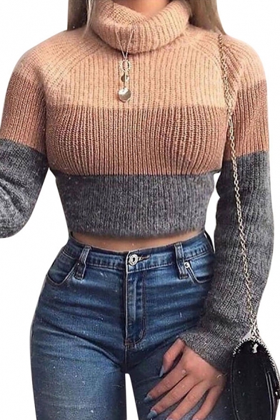 Ladies Winter Popular Contrast Stripe Long Sleeve Turtle Neck Slim Fit Cropped Knit Pullover Sweater