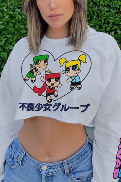 Lovely Cartoon Character Letter Printed Long Sleeve Loose Fit White Pullover Cropped Sweatshirt