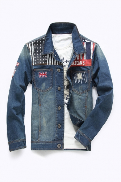 Mens Chic Flag Stripes Print Long Sleeve Button Down Distressed Jean Blue Loose Trucker Jacket