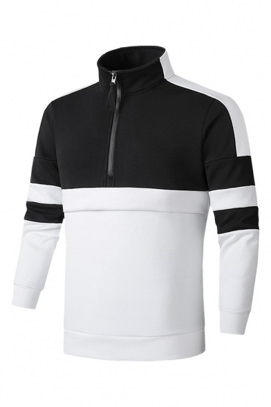 Mens Regular Black & White Panelled Stripe Long Sleeve Stand Collar Half Zip Pullover Sweatshirt