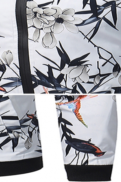 Mens Simple Chic Floral Bamboo Printed Long Sleeve Casual Slim Fit Zip Closure Baseball Jacket
