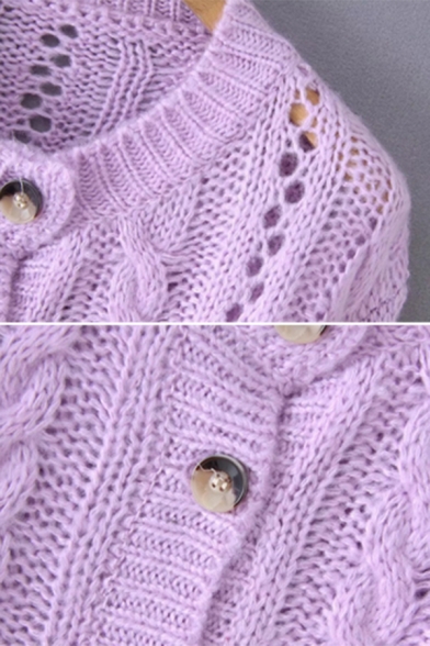 New Arrival Light Purple Open-Knit Long Sleeve Button Down Oversized Sweater Cardigan