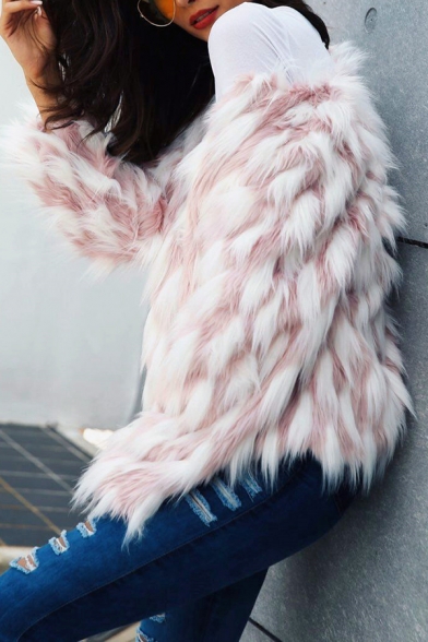 Pink and White Geometric Printed Long Sleeve Open Front Faux Fur Cardigan Coat