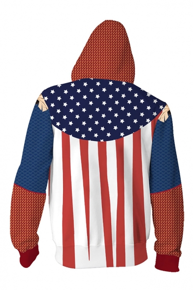 Popular Anime Character Cosplay Costume Color Block Star Stripes Print Long Sleeve Zip Up Blue and Red Drawstring Hoodie