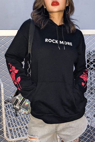 Popular Letter ROCK MORE Red Rose Printed Long Sleeve Loose Black Drawstring Hoodie with Pouch Pocket