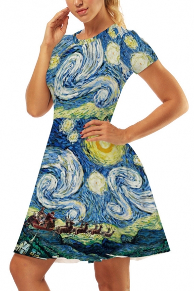 Popular Oil Painting Whirlpool Moon Starry Night 3D Printed Crew Neck Short Sleeve Midi T-shirt Dress