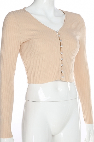 Sexy Nude Solid Color Pearl Embellished Long Sleeve Ribbed Knitted Crop Cardigan Top