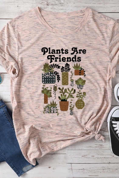 Simple PLANTS ARE FRIEND Letter Printed Short Sleeve Crew Neck Oversized Marbled T-Shirt