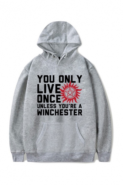 Stylish Letter YOU ONLY LIVE ONCE UNLESS YOU'RE A WINCHESTER Print Gray Graphic Pullover Hoodie