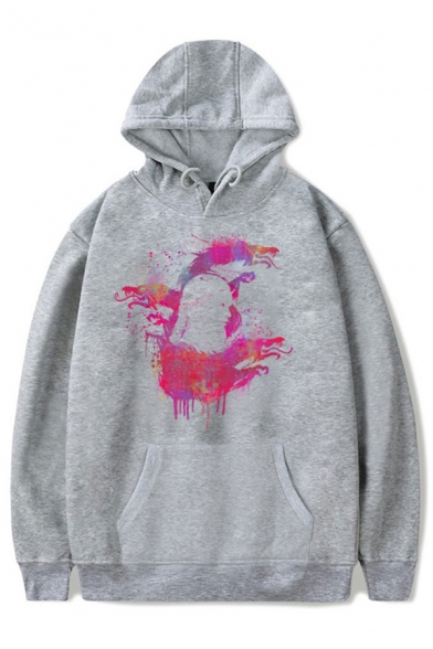 Unisex Gray Creative Girl Animal Abstract Pattern Long Sleeve Baggy Pullover Hoodie with Pocket