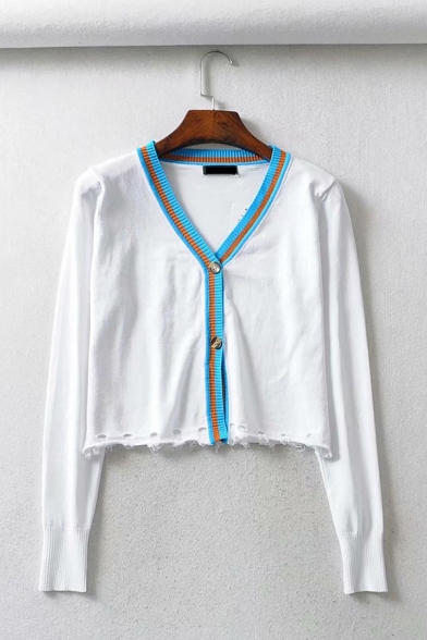 White V-Neck Long Sleeve Contrast Trim Raw Edges Single Breasted Cropped Knitwear Cardigan Top