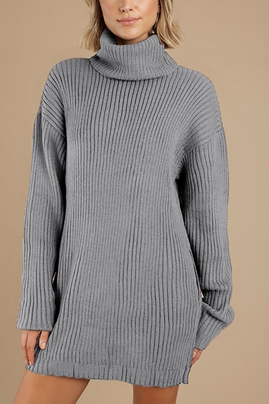Winter Chic Turtle Neck Long Sleeve Loose Plain Ribbed Knit Pullover Sweater Mini Dress for Women